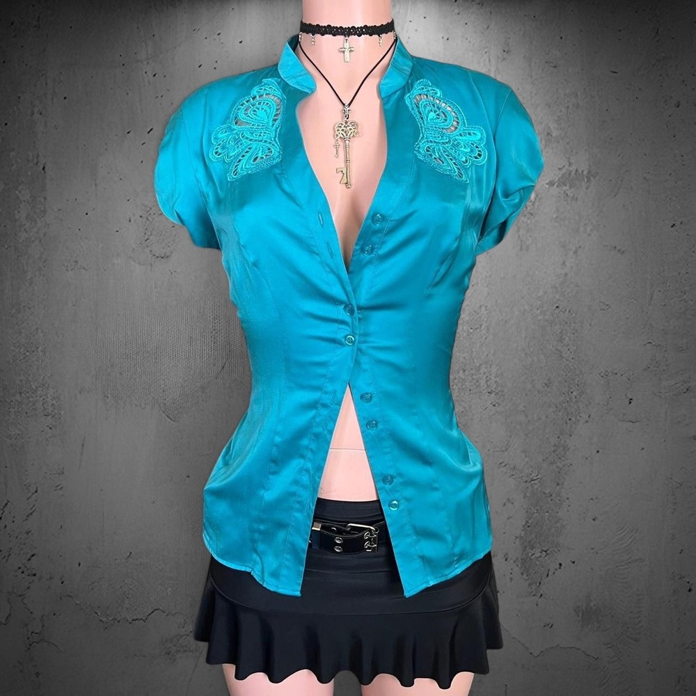 Y2K Cass Crochet Lace Satin Button Up Blouse 14 L Teal Cap Sleeve Fairy Coquette